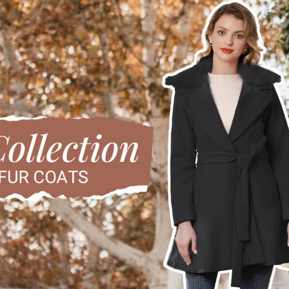 Retro Belted Trench Pea Coat Faux Fur Collar Fully Lined Plus Size - Picture 6 of 6